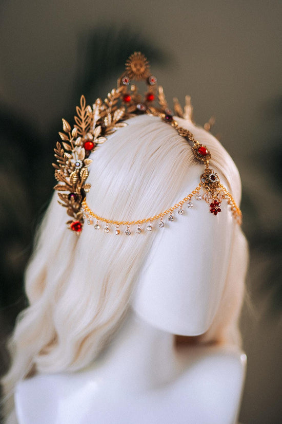 Solar Flare Crown, Red Crystal Headpiece, Sun Gold Crown, Celestial Head Chain, Goddess Tiara, Festival Jewelry, Boho Costume Tiara