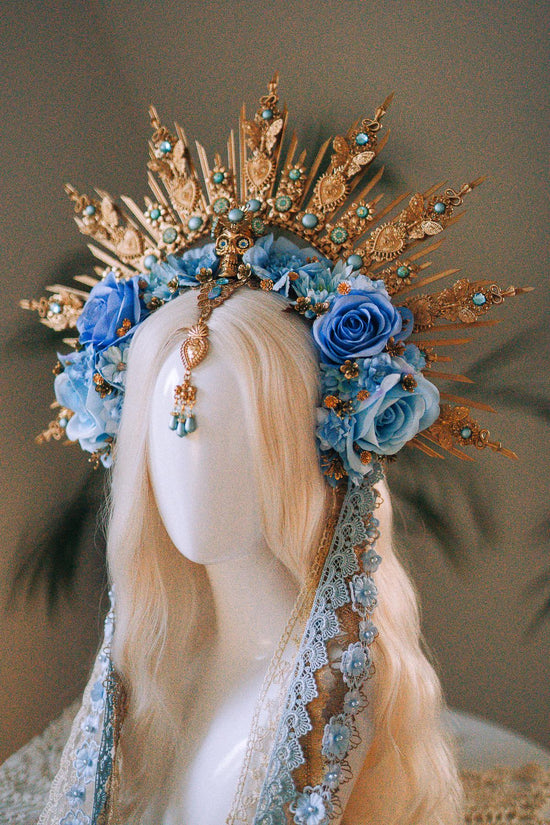 La Catrina Crown, Blue Skull Crown, Día De Los Muertos Headpiece, Halloween Costume, Gold Floral Halo, Turquoise Flower Crown, Sugar Skull