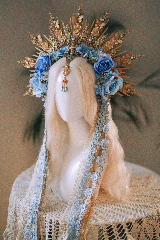 La Catrina Crown, Blue Skull Crown, Día De Los Muertos Headpiece, Halloween Costume, Gold Floral Halo, Turquoise Flower Crown, Sugar Skull