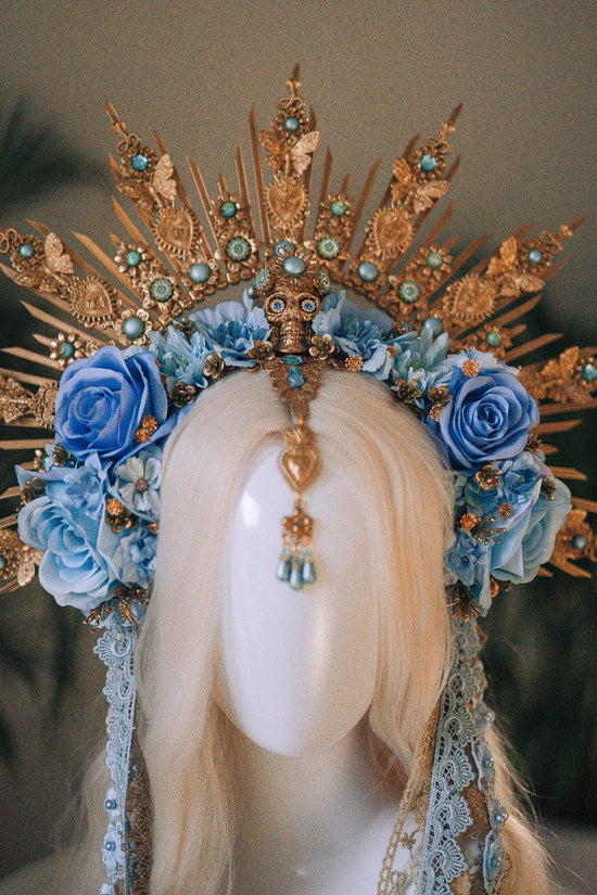 La Catrina Crown, Blue Skull Crown, Día De Los Muertos Headpiece, Halloween Costume, Gold Floral Halo, Turquoise Flower Crown, Sugar Skull