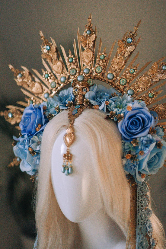 La Catrina Crown, Blue Skull Crown, Día De Los Muertos Headpiece, Halloween Costume, Gold Floral Halo, Turquoise Flower Crown, Sugar Skull