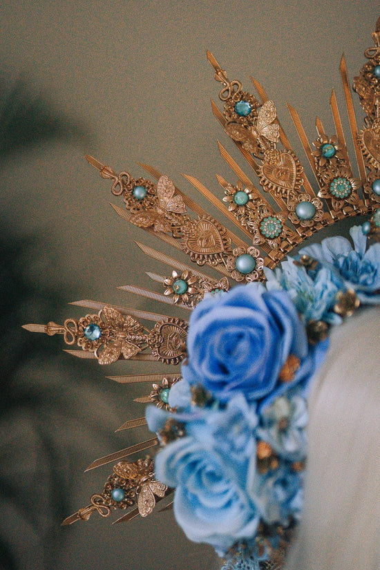 La Catrina Crown, Blue Skull Crown, Día De Los Muertos Headpiece, Halloween Costume, Gold Floral Halo, Turquoise Flower Crown, Sugar Skull