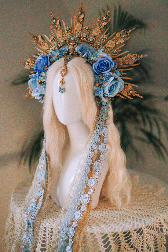 La Catrina Crown, Blue Skull Crown, Día De Los Muertos Headpiece, Halloween Costume, Gold Floral Halo, Turquoise Flower Crown, Sugar Skull