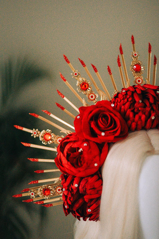 Red Flower Halo Crown,Boho Maternity Headpiece,Festival Costume Crown,Halloween Floral Tiara,Frida Inspired Crown,Photo Prop