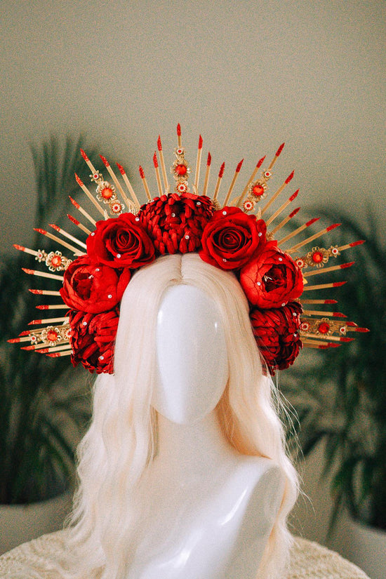 Red Flower Halo Crown,Boho Maternity Headpiece,Festival Costume Crown,Halloween Floral Tiara,Frida Inspired Crown,Photo Prop