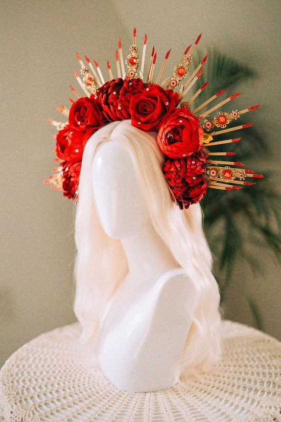 Red Flower Halo Crown,Boho Maternity Headpiece,Festival Costume Crown,Halloween Floral Tiara,Frida Inspired Crown,Photo Prop