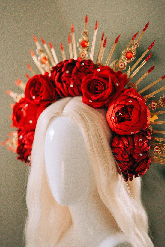 Red Flower Halo Crown,Boho Maternity Headpiece,Festival Costume Crown,Halloween Floral Tiara,Frida Inspired Crown,Photo Prop