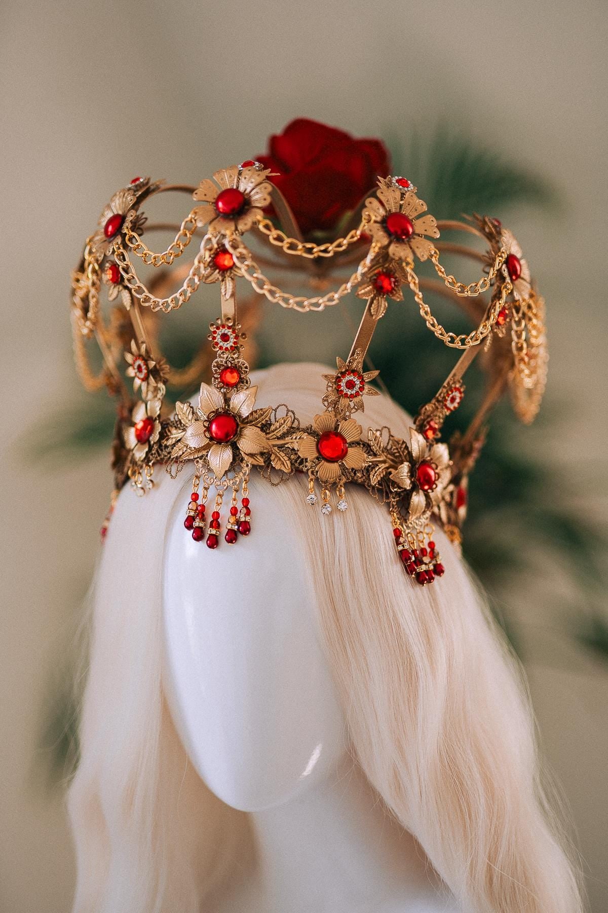 Royal Red Crown, Festival Crown, Red Queen Headpiece, Burning Man Crown, Baroque Costume Tiara, Regal Crown, Boho Goddess Crown, Halloween