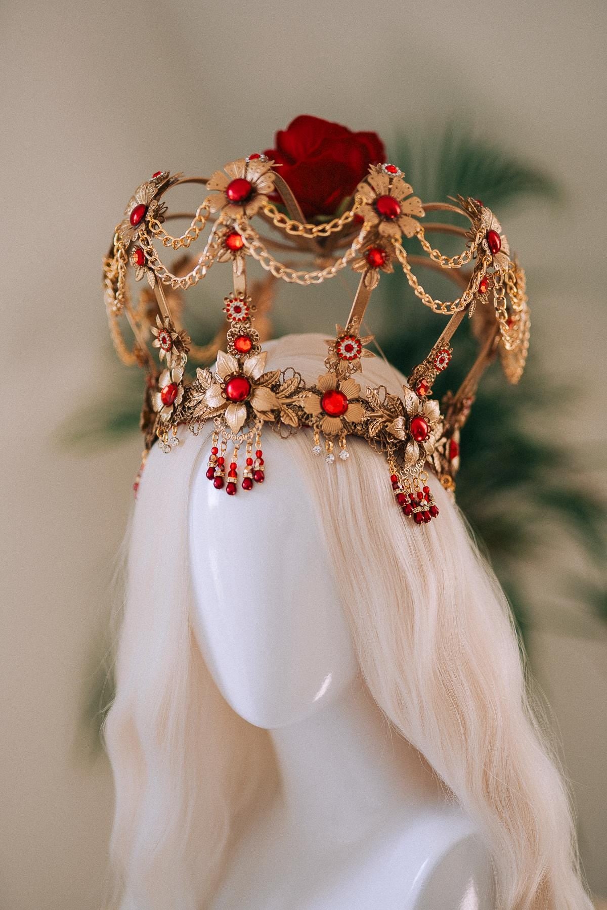 Royal Red Crown, Festival Crown, Red Queen Headpiece, Burning Man Crown, Baroque Costume Tiara, Regal Crown, Boho Goddess Crown, Halloween