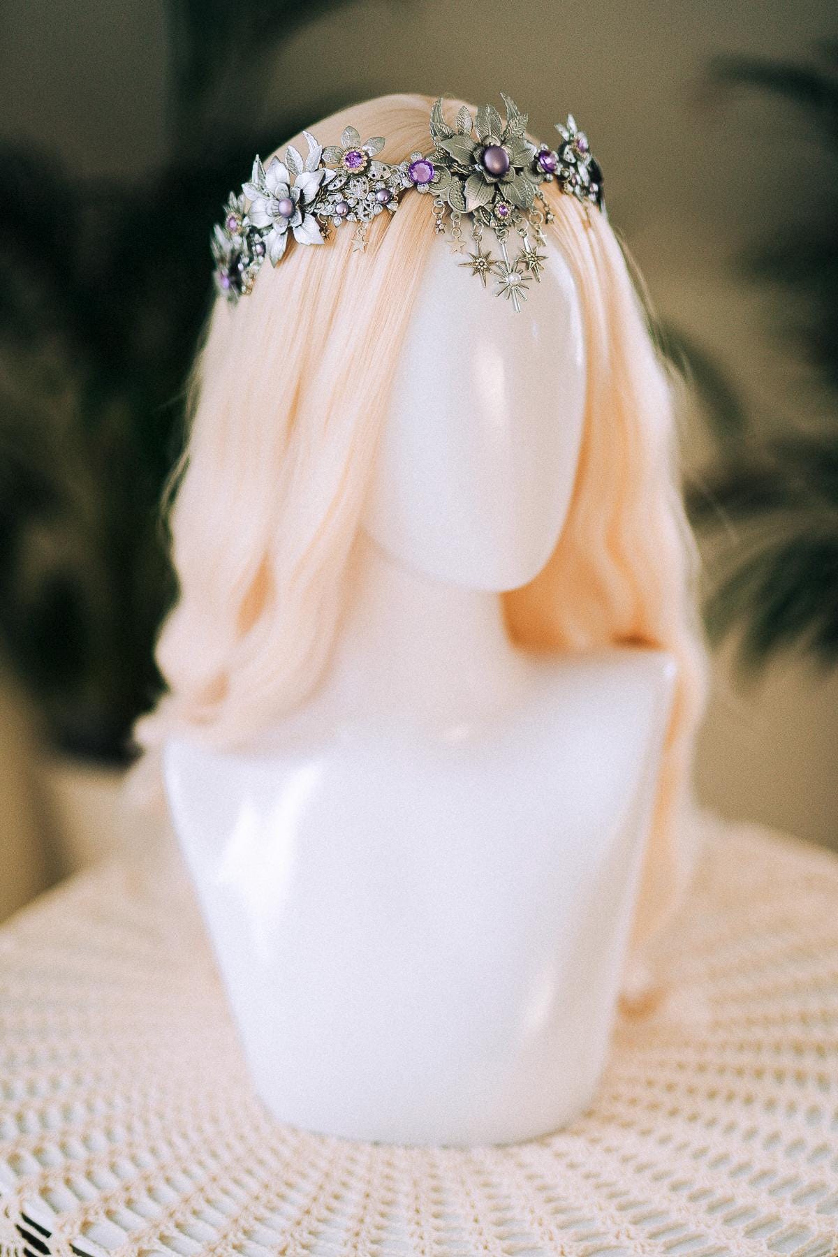 Celestial Silver Flower Crown, Boho Tiara, Moon Star Headpiece, Festival Hair Accessory, Fairy Halo, Wedding Tiara, Halloween Goddess Crown