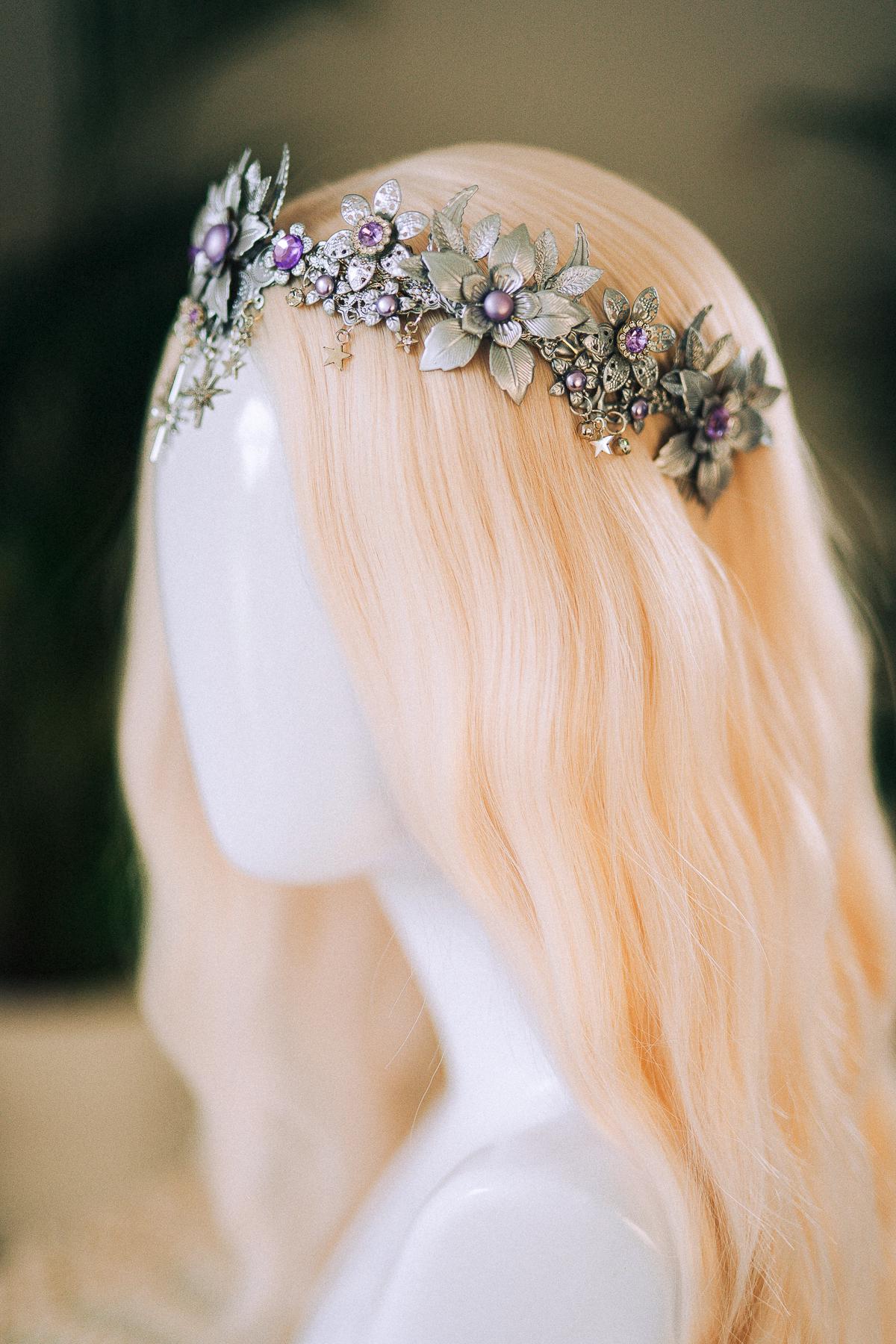 Celestial Silver Flower Crown, Boho Tiara, Moon Star Headpiece, Festival Hair Accessory, Fairy Halo, Wedding Tiara, Halloween Goddess Crown