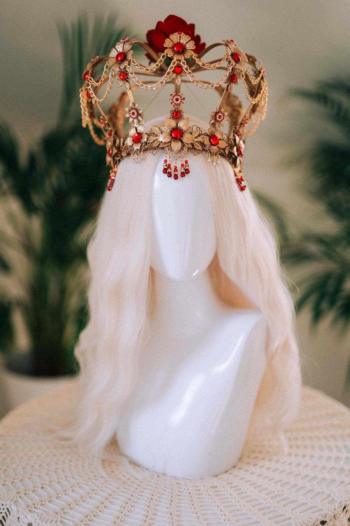 Royal Red Crown, Festival Crown, Red Queen Headpiece, Burning Man Crown, Baroque Costume Tiara, Regal Crown, Boho Goddess Crown, Halloween