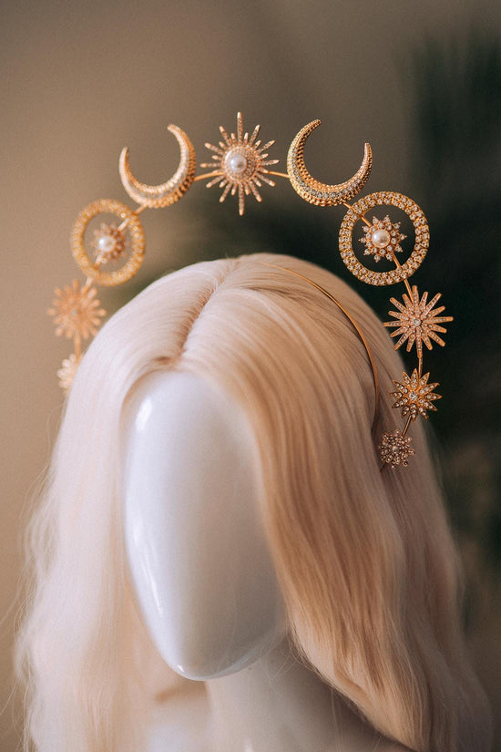 Celestial Halo Crown, Sun Moon Headpiece, Gold Star Crown, Goddess Festival Crown, Cosmic Tiara, Boho Headband, Bridal Accessory, Handmade