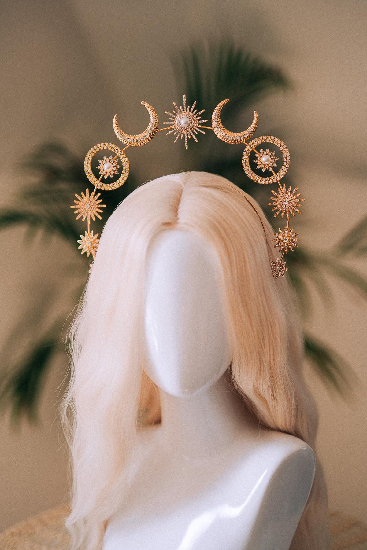 Celestial Halo Crown, Sun Moon Headpiece, Gold Star Crown, Goddess Festival Crown, Cosmic Tiara, Boho Headband, Bridal Accessory, Handmade