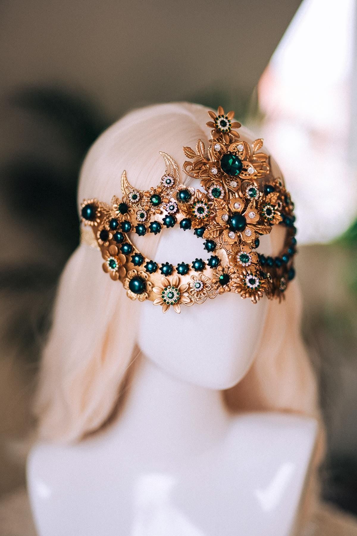 Emerald Gold Masquerade Mask, Luxury Floral Mask with Crystals, Elegant Carnival Accessory for Balls, Festivals, Weddings & Costume Events