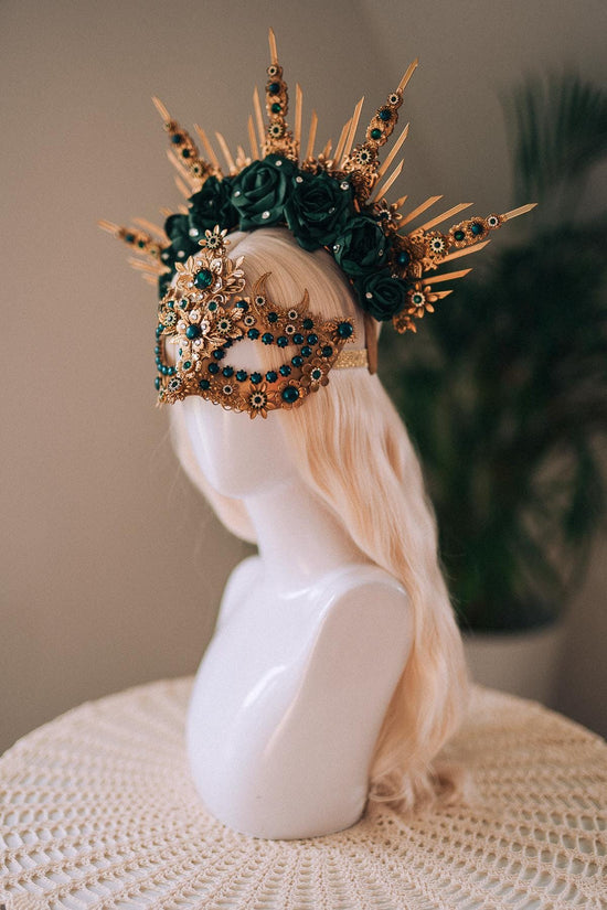 Emerald Green Halo Crown, Gold Headpiece, Carnival Costume, Flower Spiked Tiara, Baroque Festival Crown, Masquerade Queen Headdress