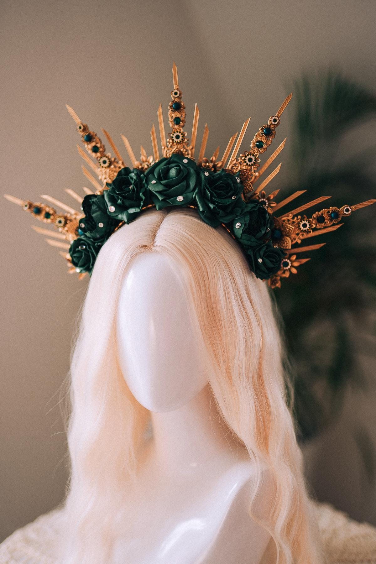 Emerald Green Halo Crown, Gold Headpiece, Carnival Costume, Flower Spiked Tiara, Baroque Festival Crown, Masquerade Queen Headdress