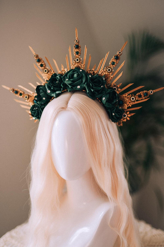 Emerald Green Halo Crown, Gold Headpiece, Carnival Costume, Flower Spiked Tiara, Baroque Festival Crown, Masquerade Queen Headdress