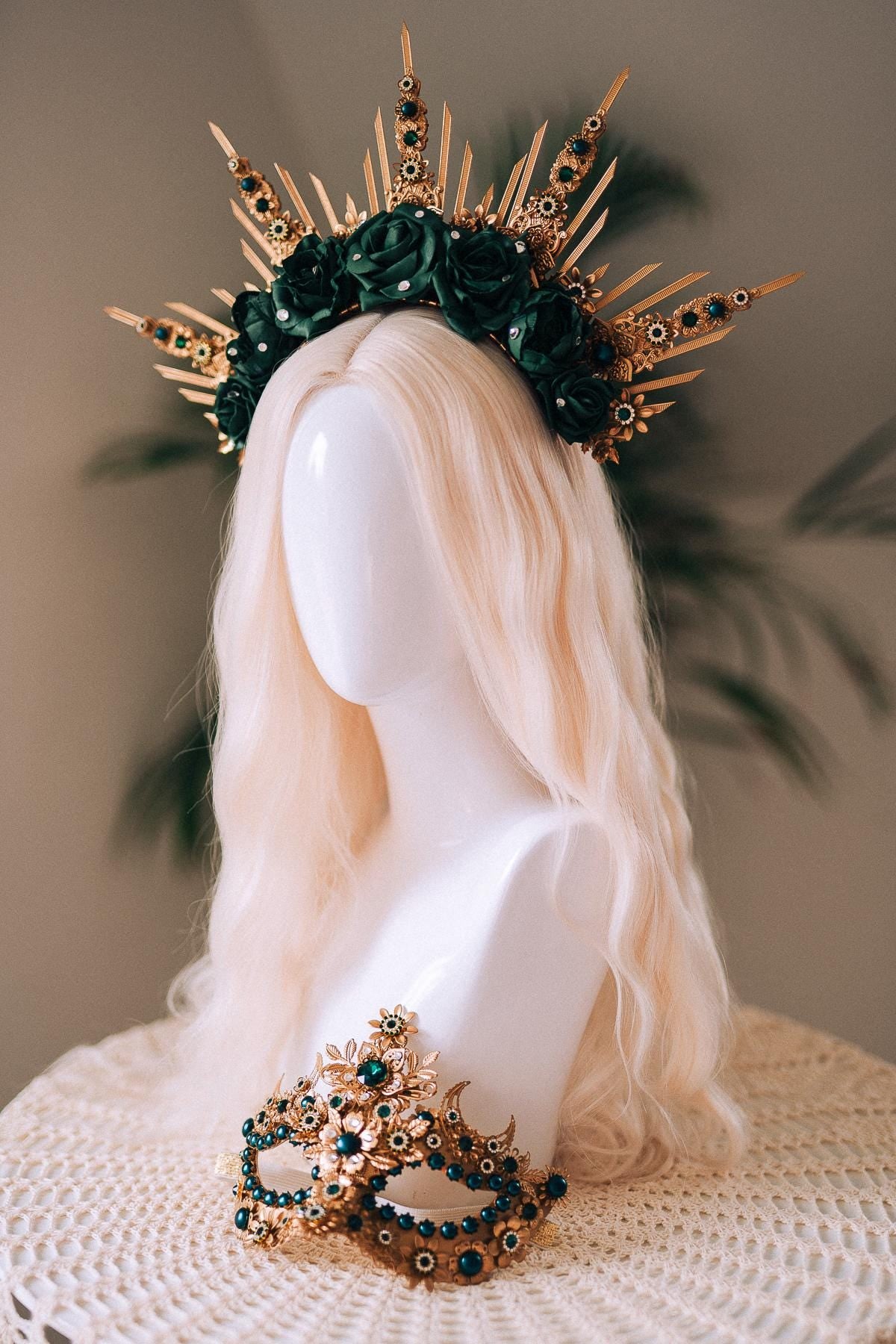 Emerald Green Halo Crown, Gold Headpiece, Carnival Costume, Flower Spiked Tiara, Baroque Festival Crown, Masquerade Queen Headdress