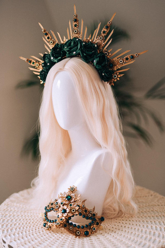 Emerald Green Halo Crown, Gold Headpiece, Carnival Costume, Flower Spiked Tiara, Baroque Festival Crown, Masquerade Queen Headdress