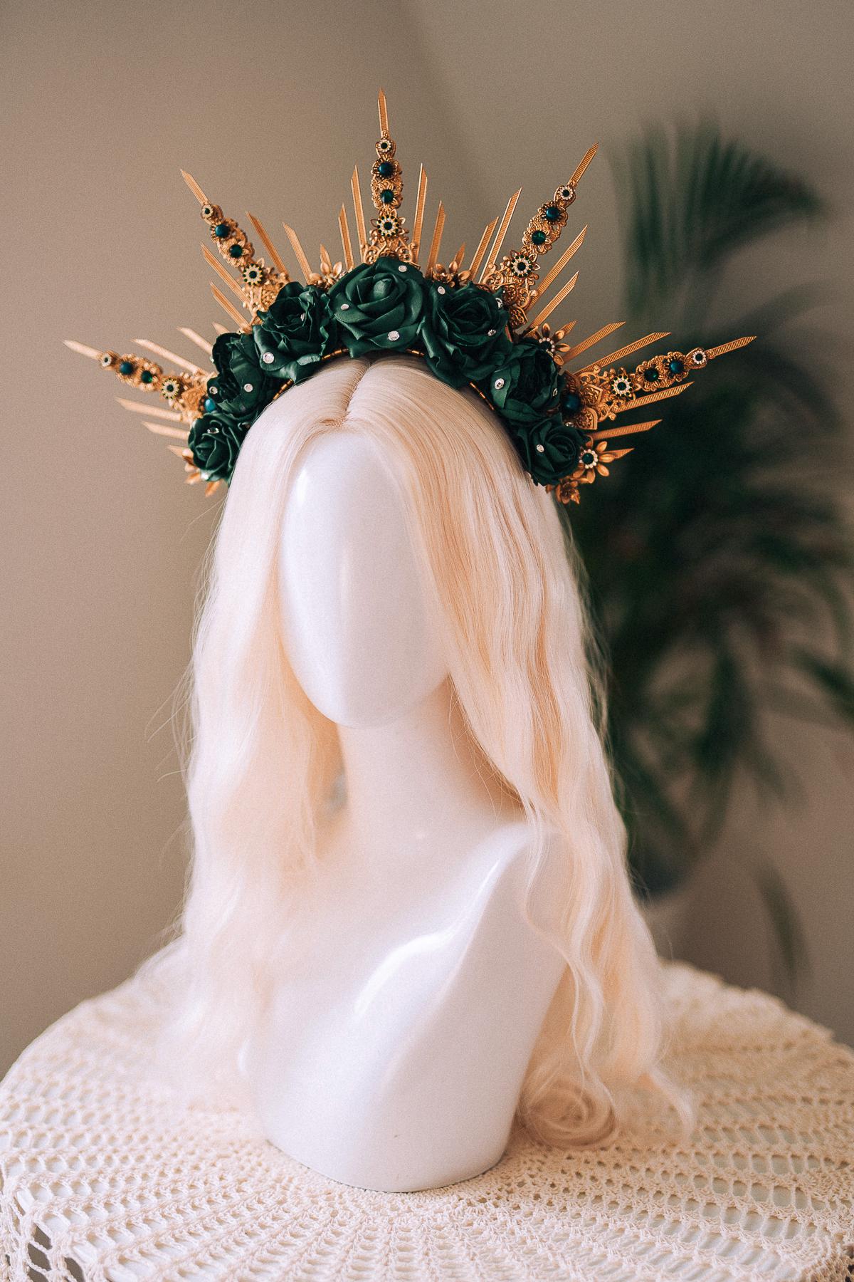 Emerald Green Halo Crown, Gold Headpiece, Carnival Costume, Flower Spiked Tiara, Baroque Festival Crown, Masquerade Queen Headdress