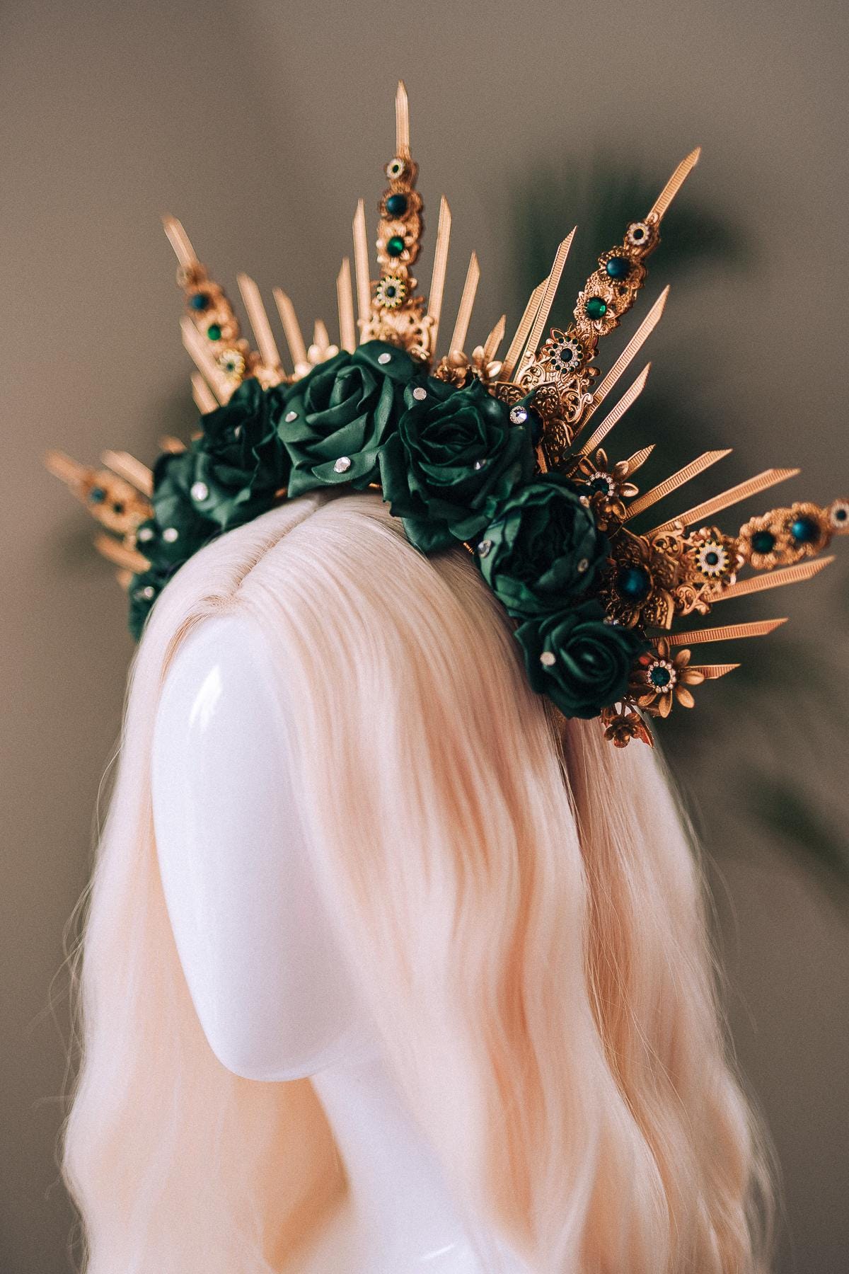 Emerald Green Halo Crown, Gold Headpiece, Carnival Costume, Flower Spiked Tiara, Baroque Festival Crown, Masquerade Queen Headdress