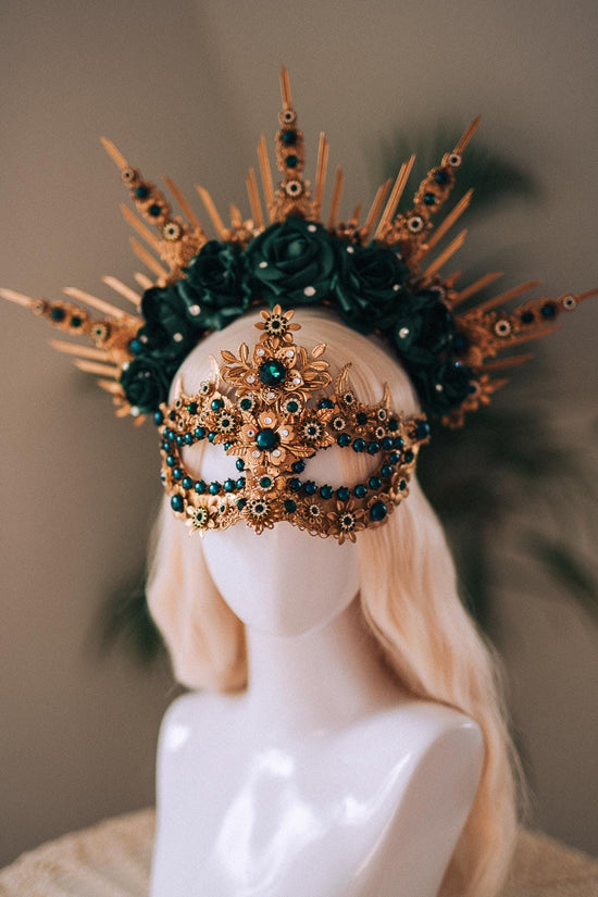 Emerald Gold Masquerade Mask, Luxury Floral Mask with Crystals, Elegant Carnival Accessory for Balls, Festivals, Weddings & Costume Events