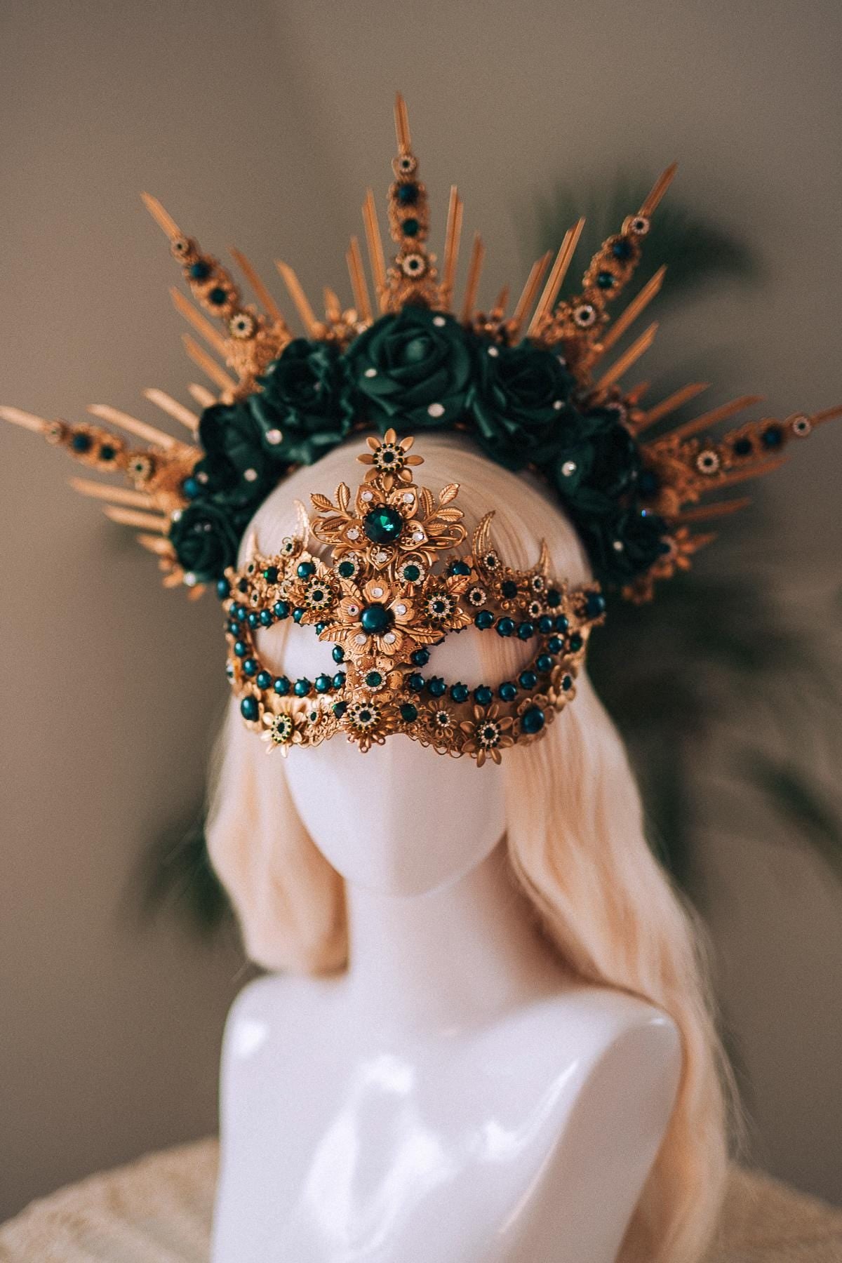 Emerald Green Halo Crown, Gold Headpiece, Carnival Costume, Flower Spiked Tiara, Baroque Festival Crown, Masquerade Queen Headdress