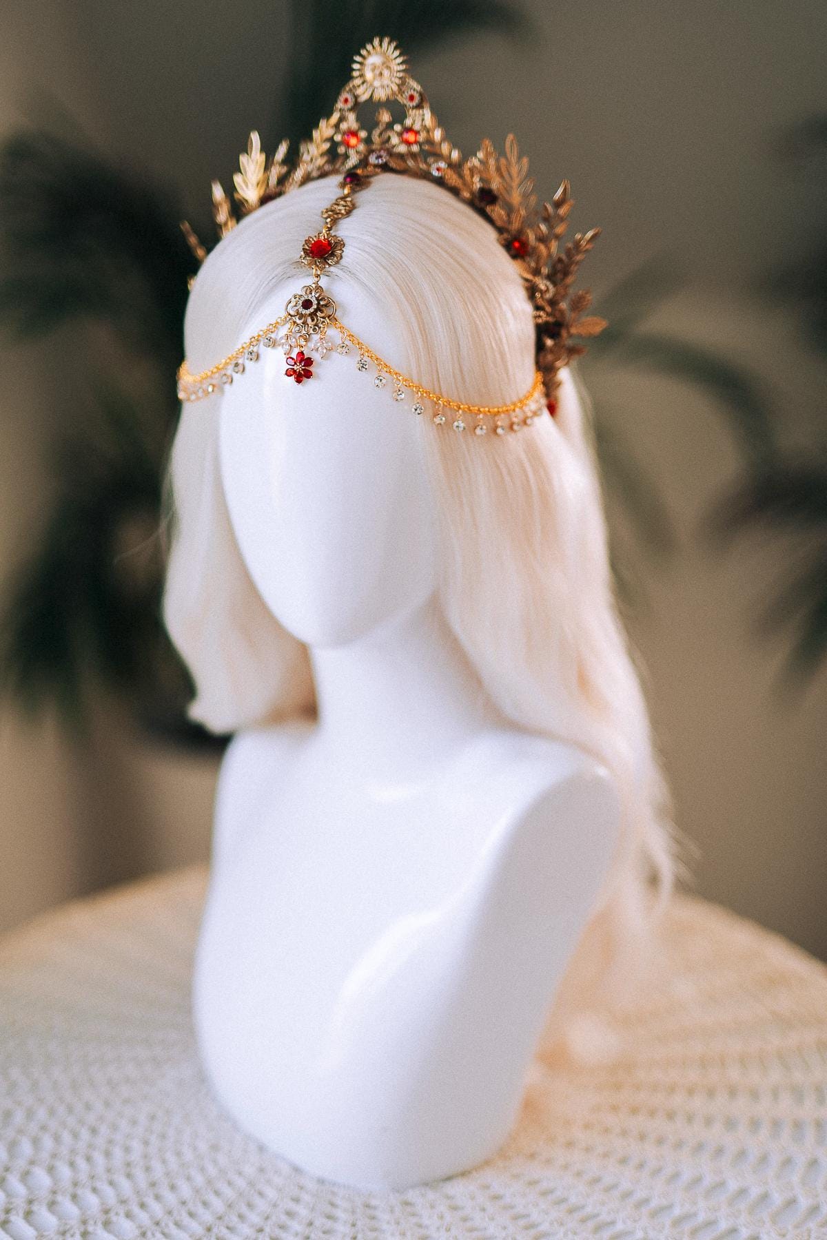 Solar Flare Crown, Red Crystal Headpiece, Sun Gold Crown, Celestial Head Chain, Goddess Tiara, Festival Jewelry, Boho Costume Tiara