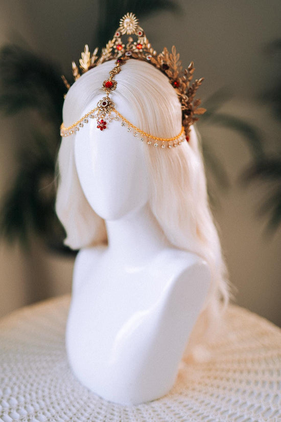 Solar Flare Crown, Red Crystal Headpiece, Sun Gold Crown, Celestial Head Chain, Goddess Tiara, Festival Jewelry, Boho Costume Tiara