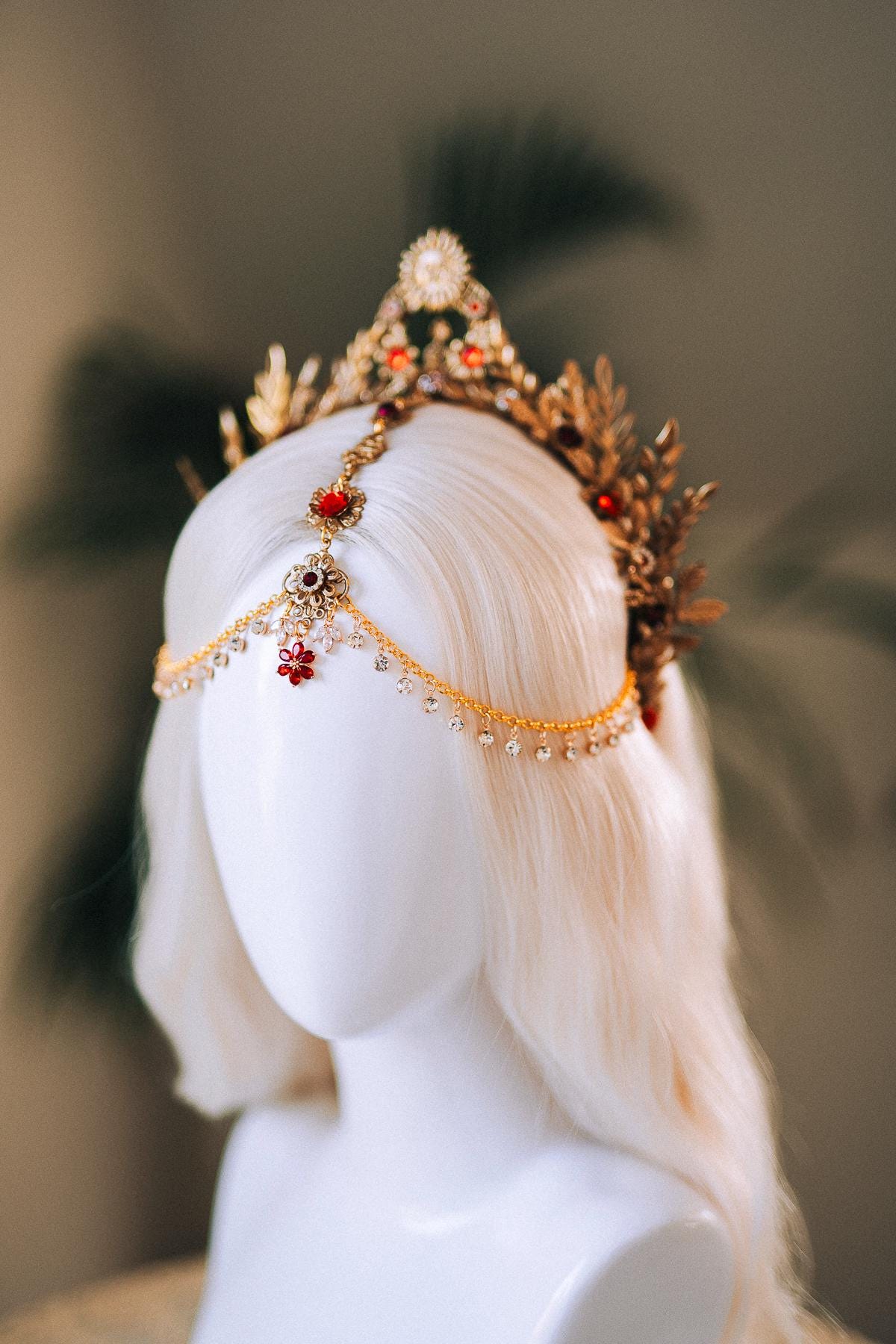 Solar Flare Crown, Red Crystal Headpiece, Sun Gold Crown, Celestial Head Chain, Goddess Tiara, Festival Jewelry, Boho Costume Tiara