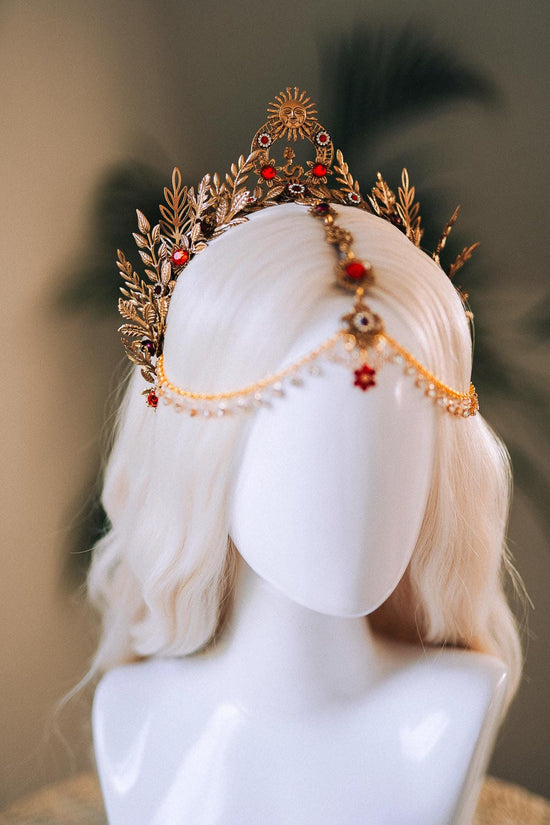 Solar Flare Crown, Red Crystal Headpiece, Sun Gold Crown, Celestial Head Chain, Goddess Tiara, Festival Jewelry, Boho Costume Tiara
