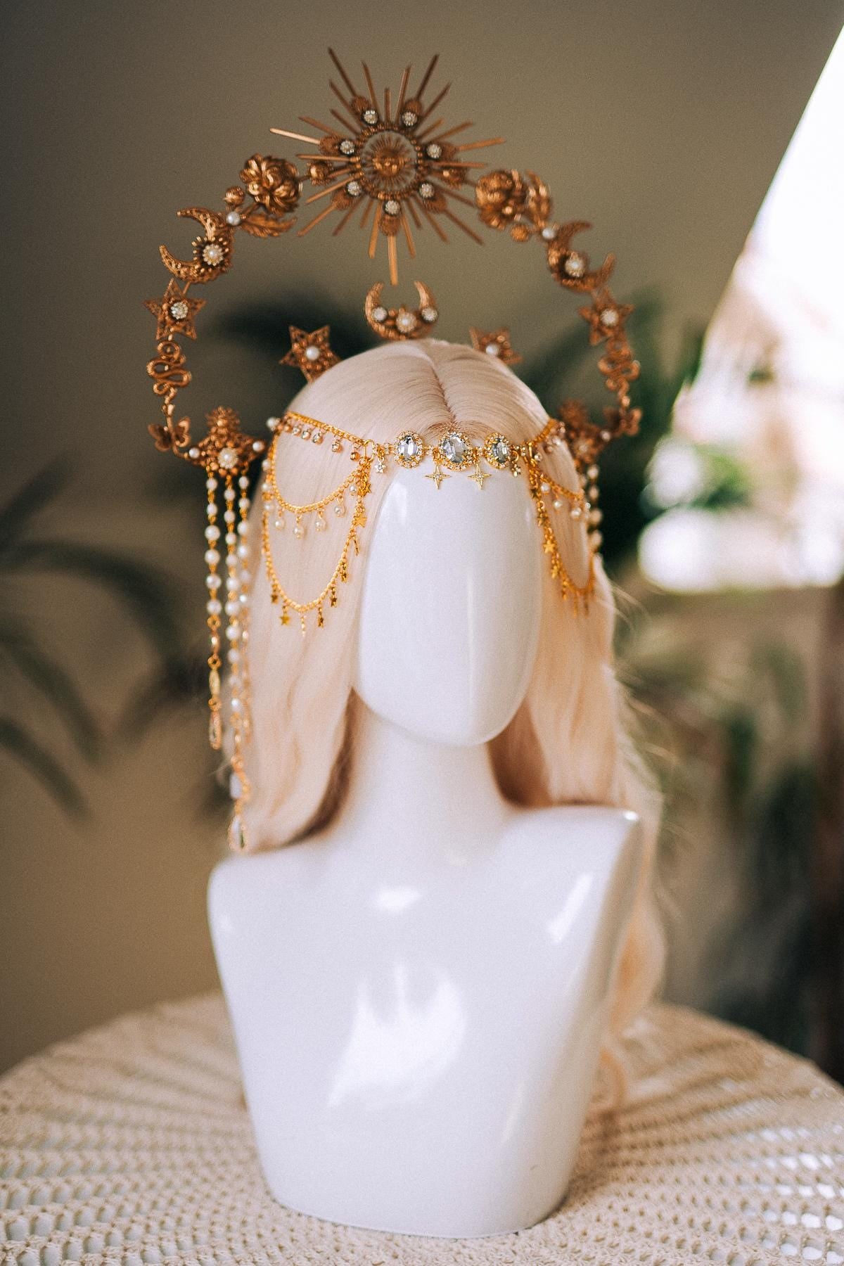 Celestial Halo Crown, Gold Goddess Headpiece, Sun Moon Star Tiara, Boho Wedding Crown, Festival Accessory, Maternity Photoshoot, Handmade