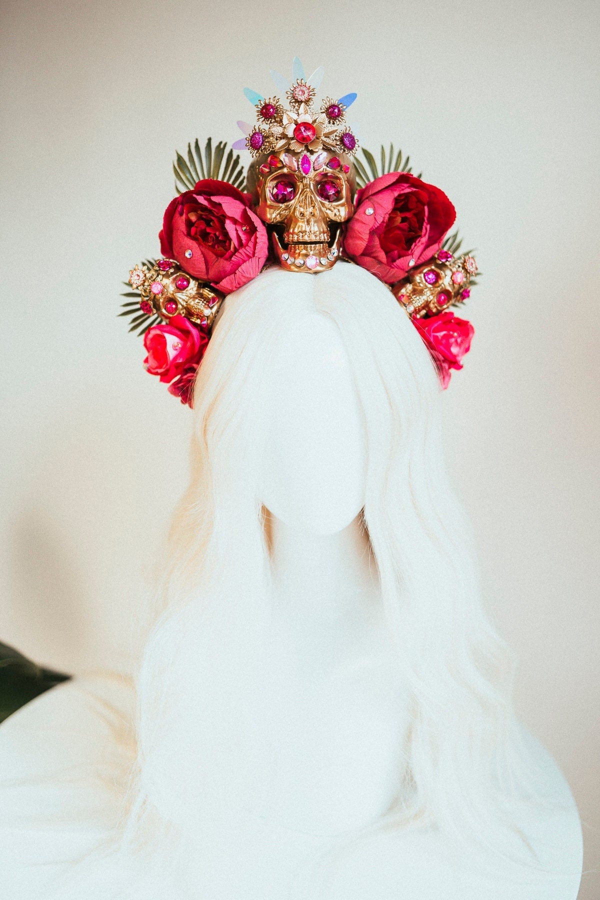 SALE La Catrina Skull Crown, Red Floral Headpiece, Dia de los Muertos, Gothic Flower Crown, Halloween Headpiece, Sugar Skull Tiara, Festival