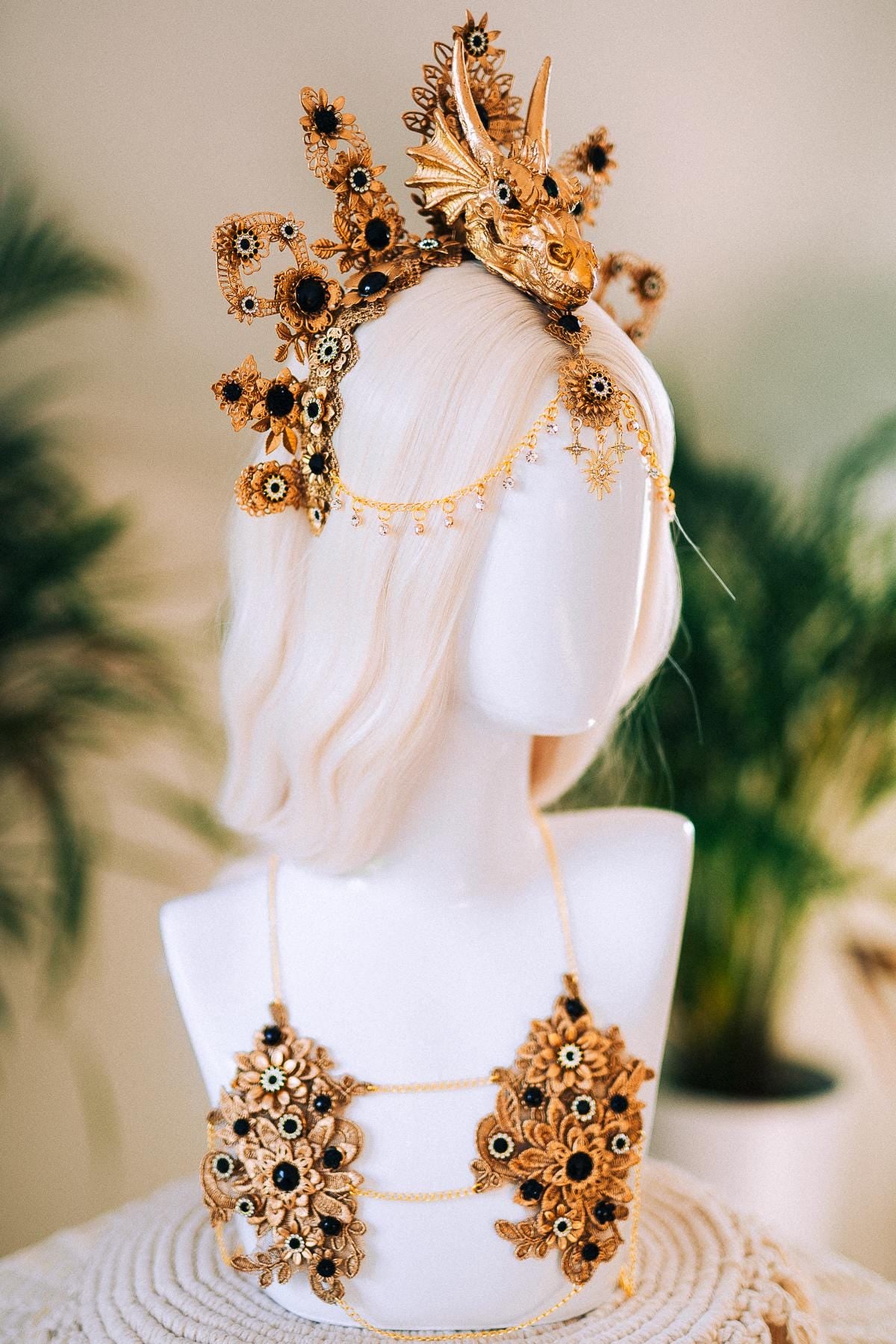 Dragon Crown, Fantasy Headdress, Gold Festival Headpiece, Fire Queen Costume, Burning Man Crown, Mythical Halo, Gothic Dragon Tiara