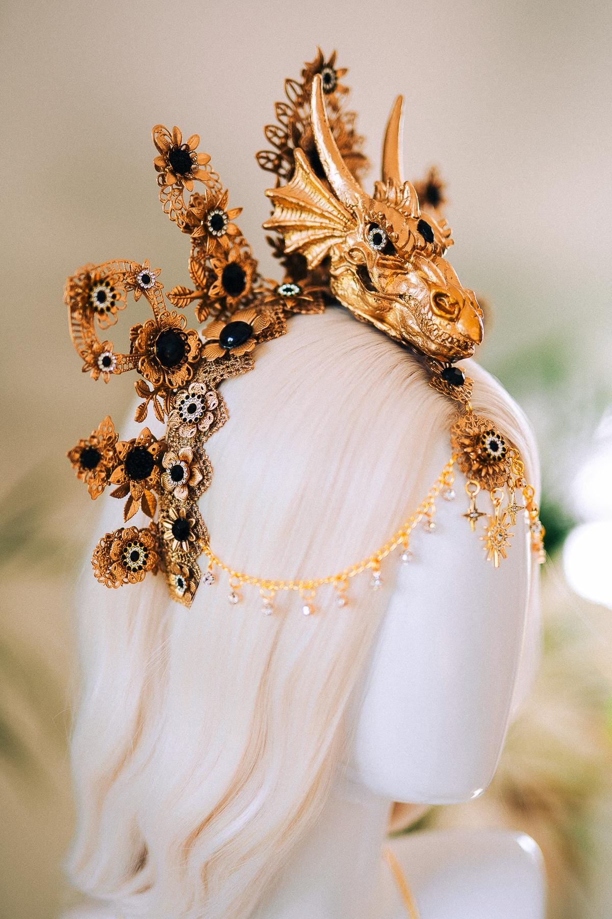 Dragon Crown, Fantasy Headdress, Gold Festival Headpiece, Fire Queen Costume, Burning Man Crown, Mythical Halo, Gothic Dragon Tiara