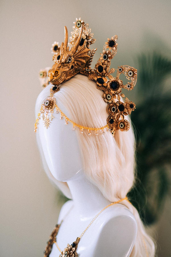 Dragon Crown, Fantasy Headdress, Gold Festival Headpiece, Fire Queen Costume, Burning Man Crown, Mythical Halo, Gothic Dragon Tiara