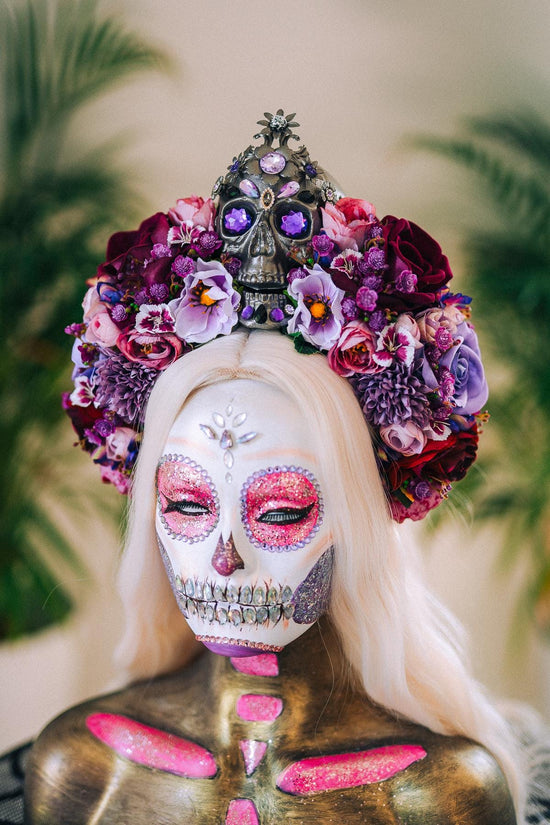 La Catrina Crown, Purple Skull Headpiece, Halloween Flower Crown, Dia De Los Muertos Tiara, Gothic Costume Tiara, Floral Skull Crown
