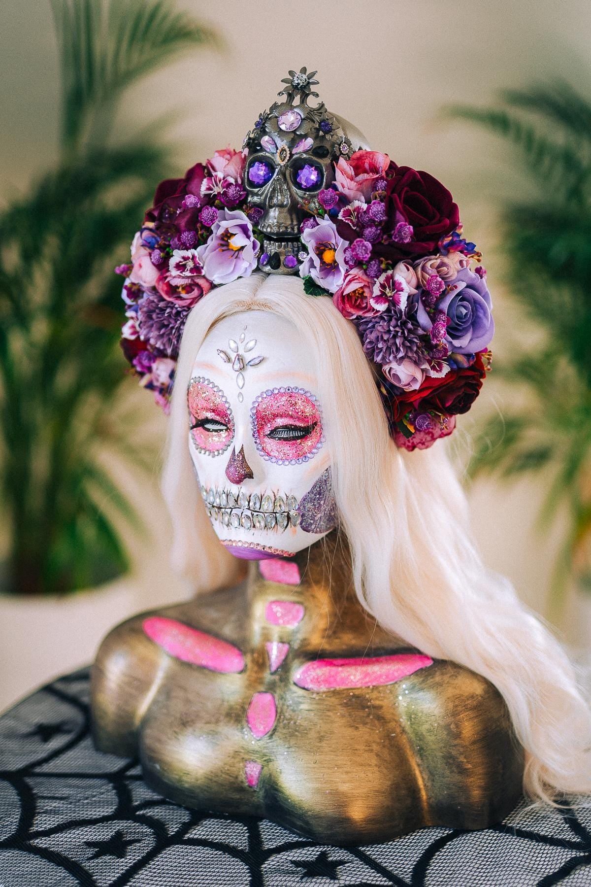 La Catrina Crown, Purple Skull Headpiece, Halloween Flower Crown, Dia De Los Muertos Tiara, Gothic Costume Tiara, Floral Skull Crown