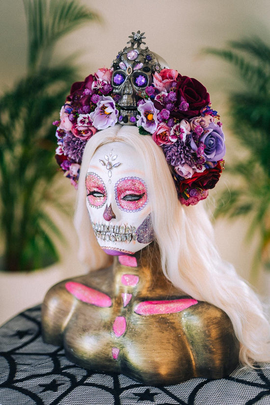 La Catrina Crown, Purple Skull Headpiece, Halloween Flower Crown, Dia De Los Muertos Tiara, Gothic Costume Tiara, Floral Skull Crown