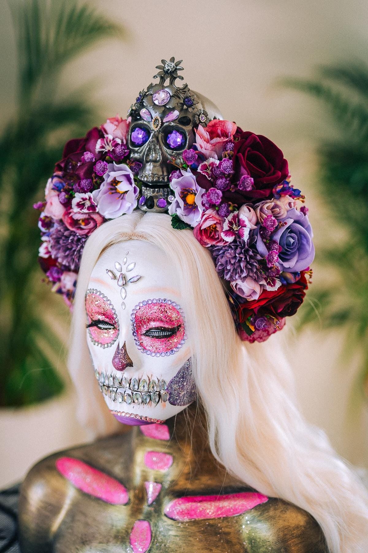La Catrina Crown, Purple Skull Headpiece, Halloween Flower Crown, Dia De Los Muertos Tiara, Gothic Costume Tiara, Floral Skull Crown