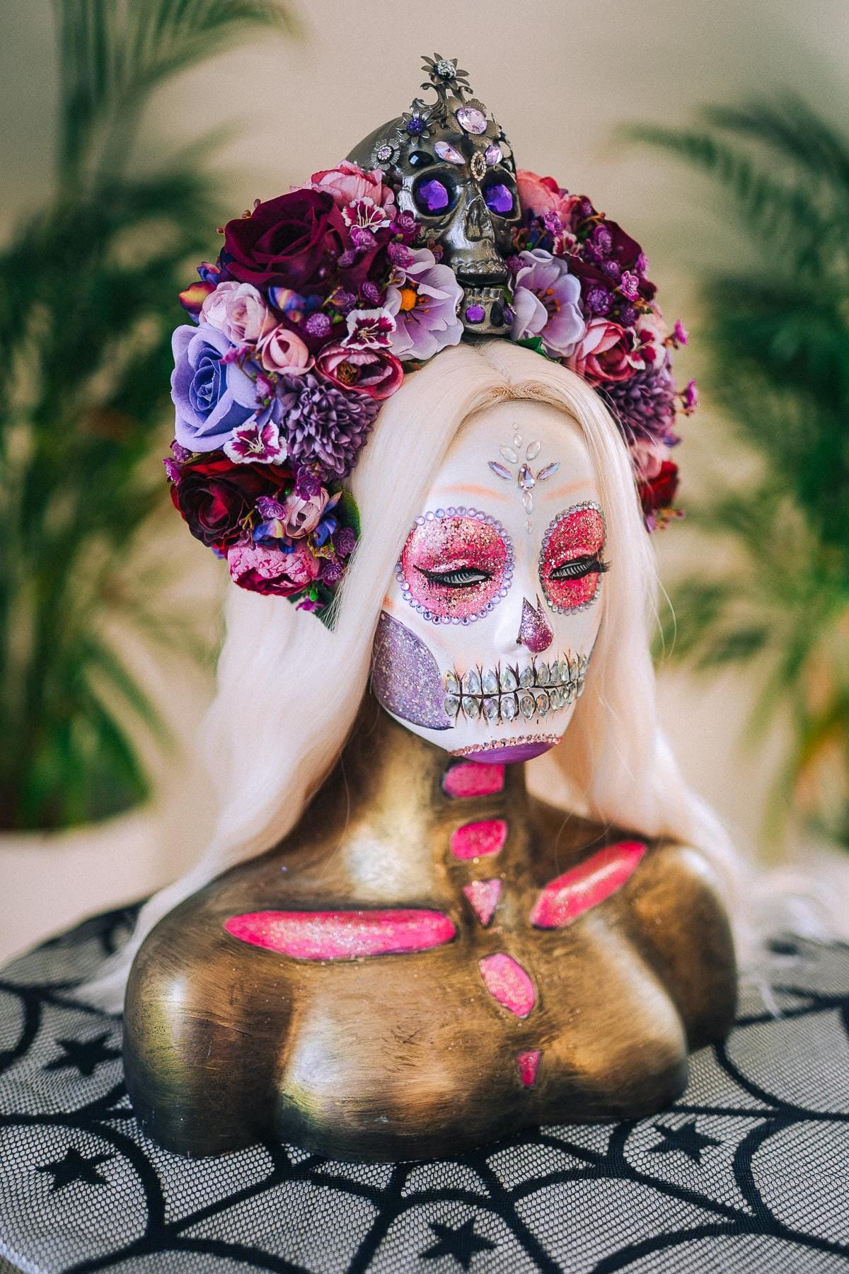 La Catrina Crown, Purple Skull Headpiece, Halloween Flower Crown, Dia De Los Muertos Tiara, Gothic Costume Tiara, Floral Skull Crown