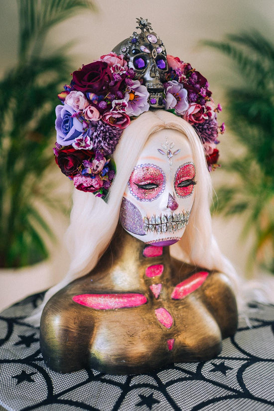 La Catrina Crown, Purple Skull Headpiece, Halloween Flower Crown, Dia De Los Muertos Tiara, Gothic Costume Tiara, Floral Skull Crown