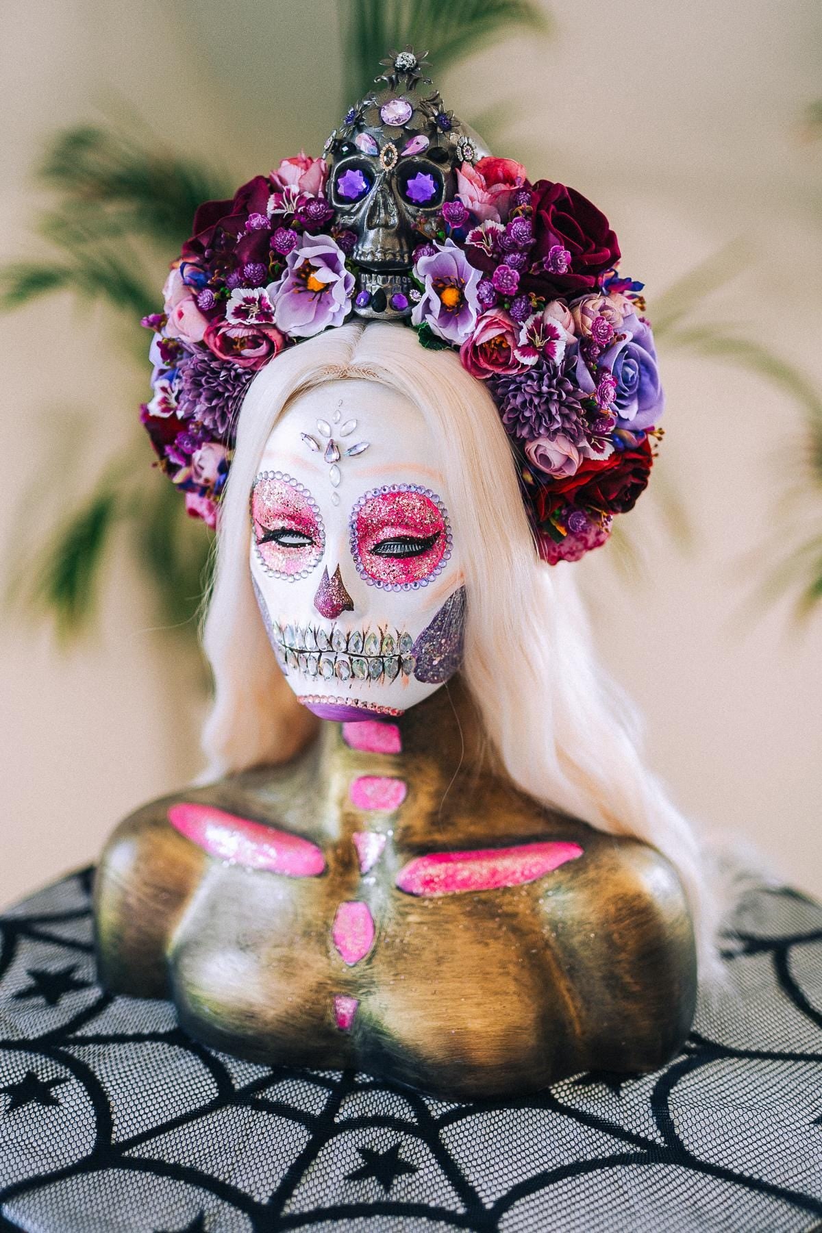 La Catrina Crown, Purple Skull Headpiece, Halloween Flower Crown, Dia De Los Muertos Tiara, Gothic Costume Tiara, Floral Skull Crown