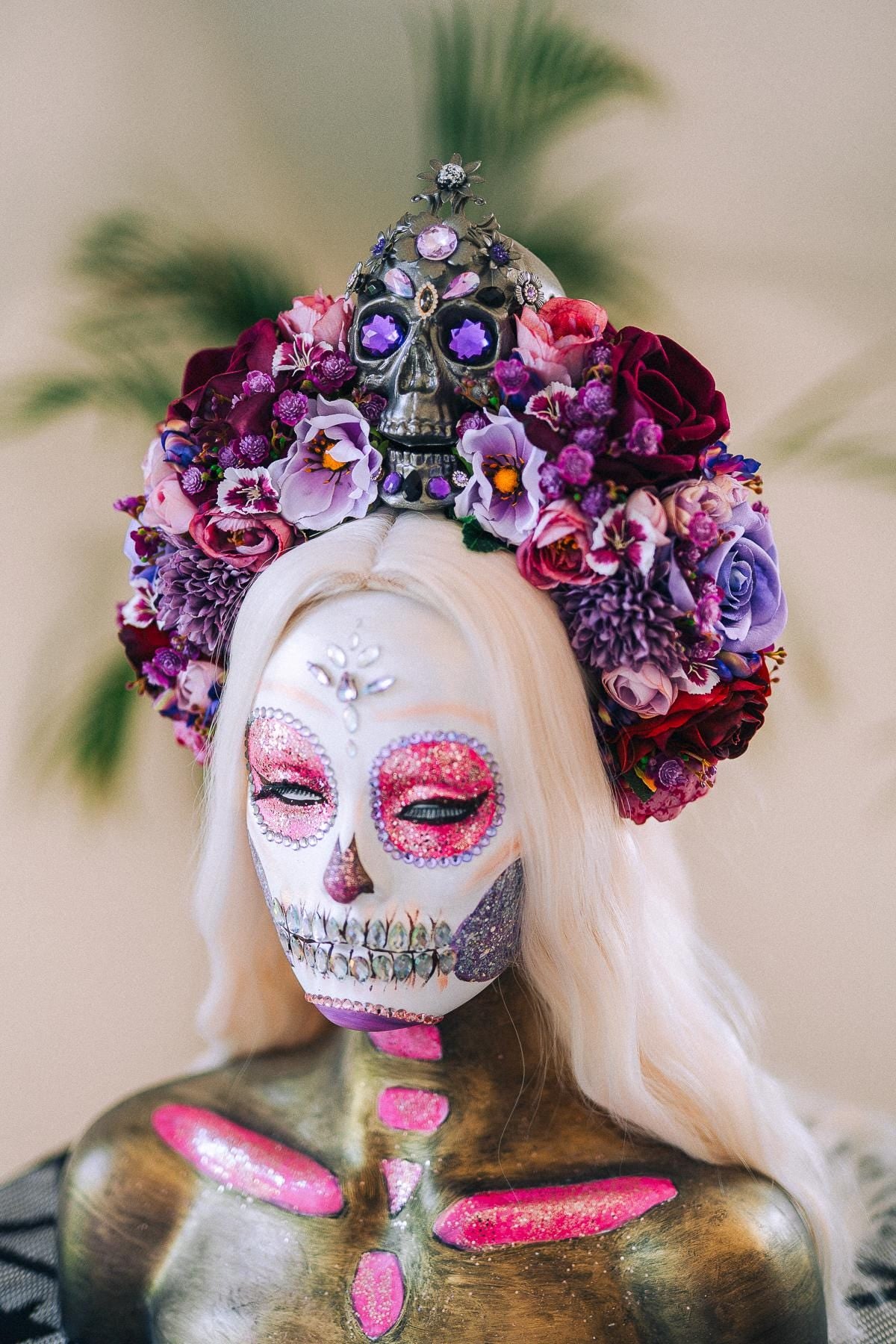 La Catrina Crown, Purple Skull Headpiece, Halloween Flower Crown, Dia De Los Muertos Tiara, Gothic Costume Tiara, Floral Skull Crown