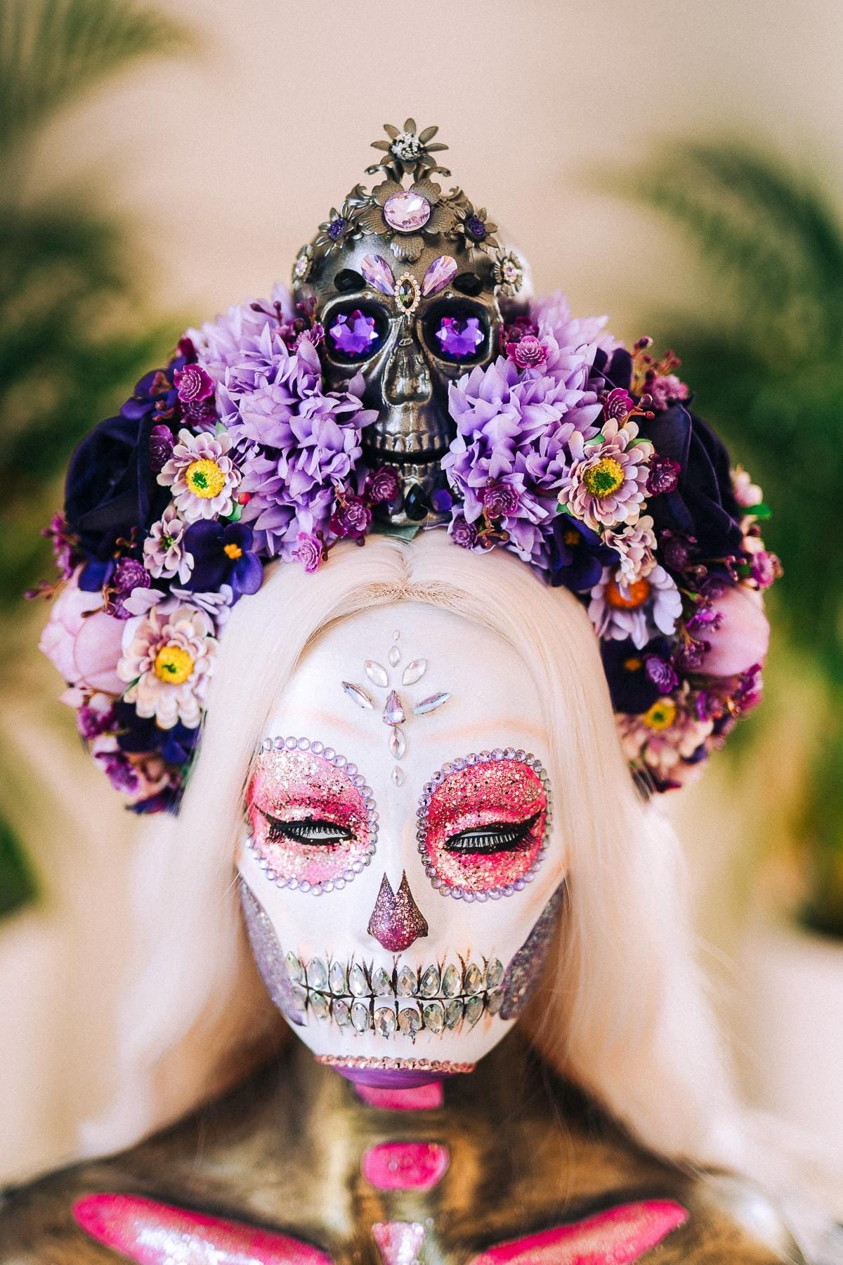La Catrina Crown, Purple Skull Headpiece, Halloween Flower Crown, Dia De Los Muertos Tiara, Gothic Costume Tiara, Floral Skull Crown