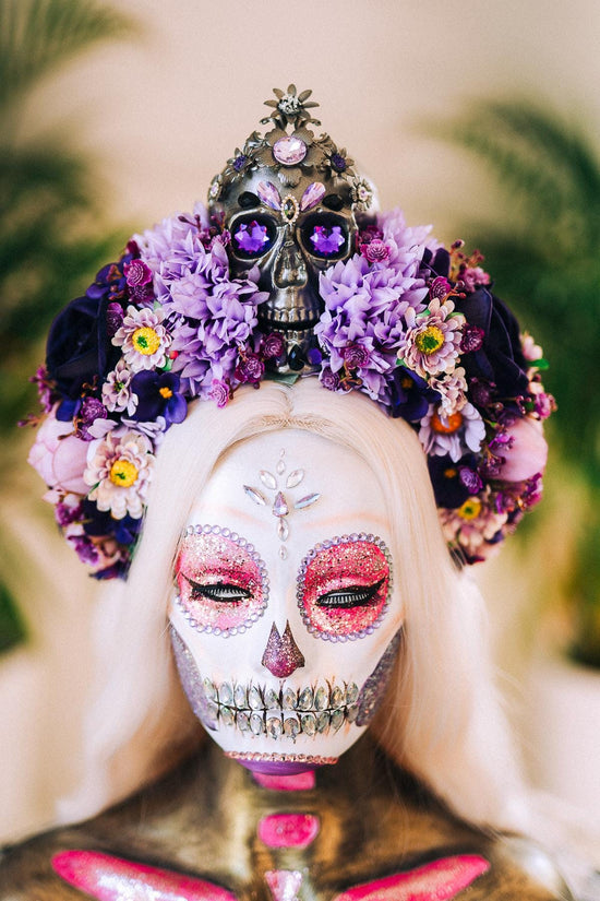 La Catrina Crown, Purple Skull Headpiece, Halloween Flower Crown, Dia De Los Muertos Tiara, Gothic Costume Tiara, Floral Skull Crown