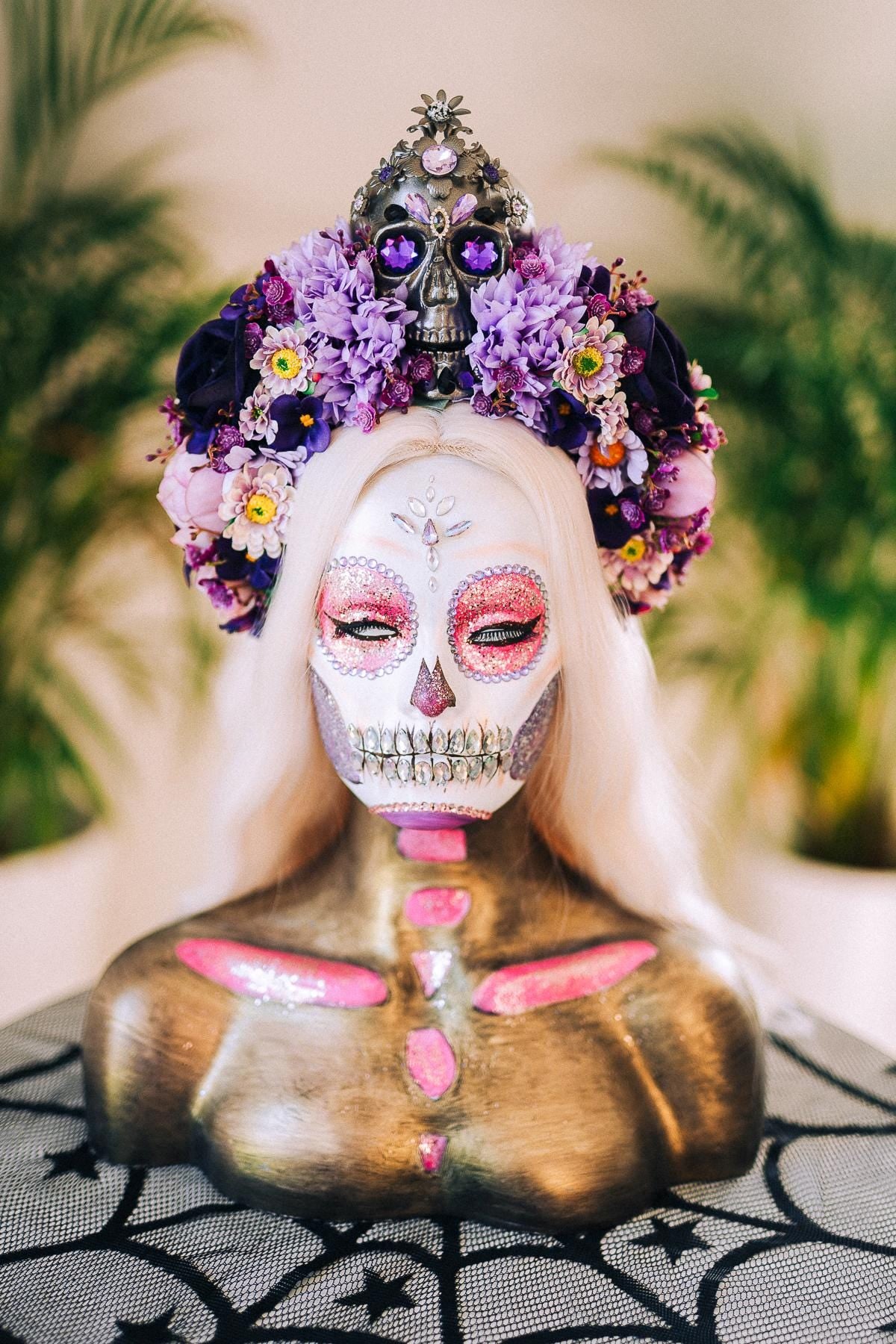 La Catrina Crown, Purple Skull Headpiece, Halloween Flower Crown, Dia De Los Muertos Tiara, Gothic Costume Tiara, Floral Skull Crown