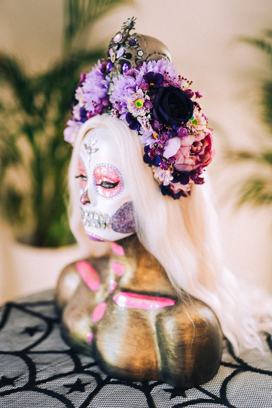 La Catrina Crown, Purple Skull Headpiece, Halloween Flower Crown, Dia De Los Muertos Tiara, Gothic Costume Tiara, Floral Skull Crown