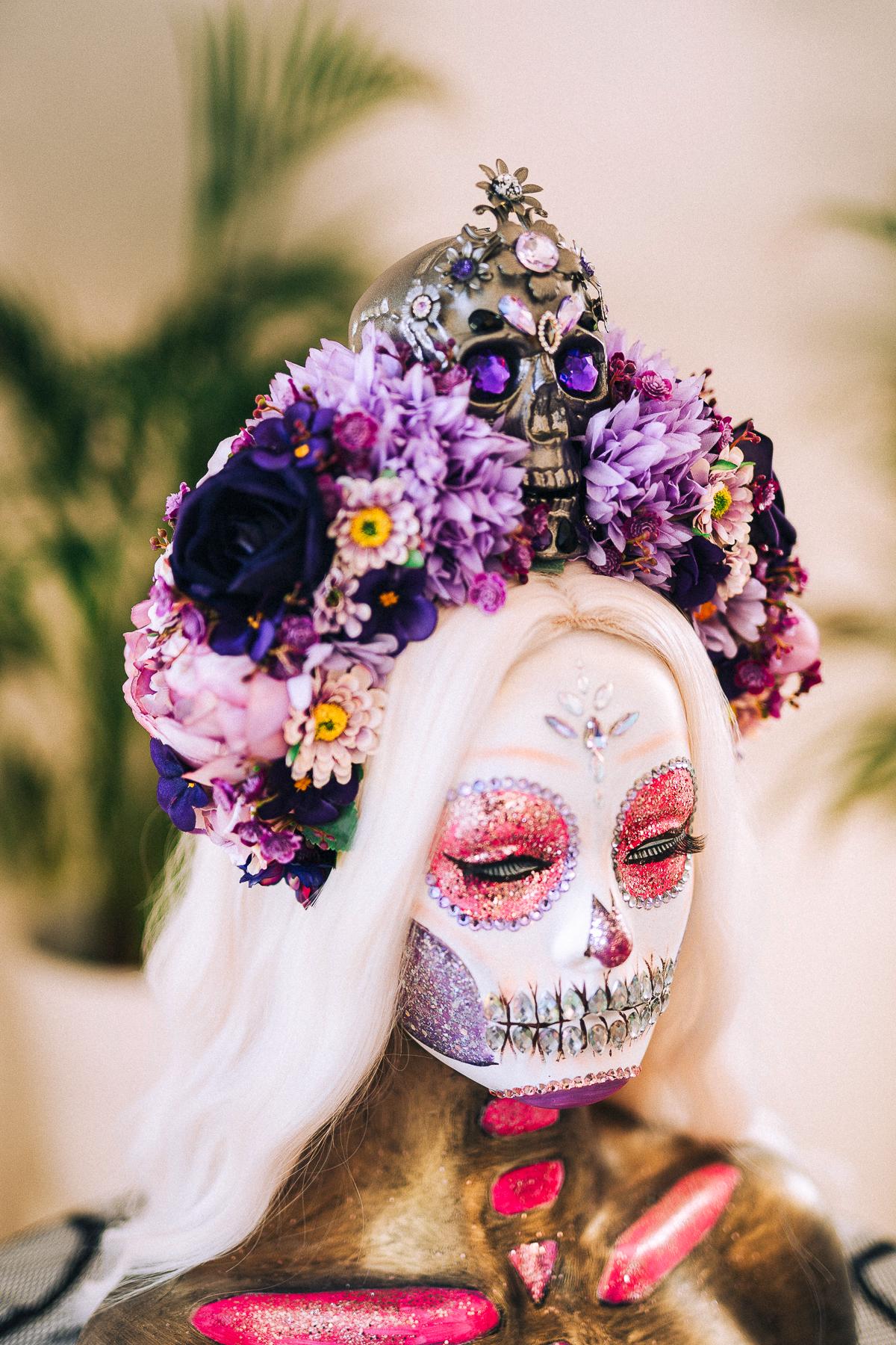 La Catrina Crown, Purple Skull Headpiece, Halloween Flower Crown, Dia De Los Muertos Tiara, Gothic Costume Tiara, Floral Skull Crown